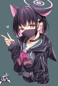 2girls absurdres ahoge animal_ears azuma_(sospower73) black_choker black_hair black_jacket black_mask blue_archive blue_hair cat_ears choker colored_inner_animal_ears commentary_request ear_piercing earrings extra_ears green_sailor_collar halo highres jacket jewelry kazusa_(blue_archive) mask mouth_mask multicolored_hair multiple_girls neckerchief open_mouth piercing pink_hair pink_halo pink_neckerchief reisa_(blue_archive) sailor_collar stud_earrings twintails two-tone_hair v