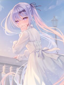 1girl black_bow black_ribbon blue_hair blue_sky bow cloud commentary covering_own_mouth cross_(tina_oekaki) dress english_commentary floating_hair hair_bow hair_ornament hair_ribbon highres lamppost long_hair long_sleeves looking_at_viewer multicolored_hair original outdoors pink_hair purple_eyes purple_hair ribbon sidelocks sky solo standing tina_oekaki twintails very_long_hair white_dress