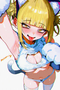 Rule 34 | 1girl, absurdres, alternate costume, animal ears, animal hands, arm up, armpits, bags under eyes, blonde hair, blunt bangs, boku no hero academia, breasts, cat cutout, cat ears, cat lingerie, cat tail, cleavage, cleavage cutout, clothing cutout, commentary, double bun, gloves, hair bun, highres, medium breasts, messy hair, navel, panties, paw gloves, sidelocks, solo, untranslatable commentary, tail, thighhighs, toga himiko, tongue, tongue out, underboob, underwear, white background, white panties, white thighhighs, yellow eyes, zd (pixiv6210083)