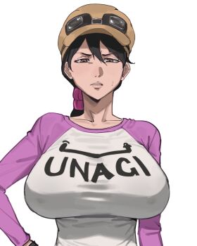 1girl black_gloves black_hair bleach breasts brown_eyes collarbone female_focus gloves goggles hand_on_own_hip hat highres kartistry large_breasts looking_at_viewer mature_female scrunchie simple_background sweatdrop unagiya_ikumi upper_body white_background