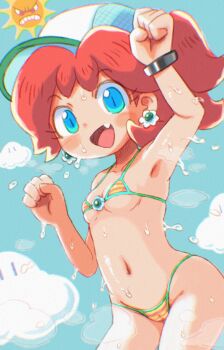 1girl angry_sun bikini blue_eyes blue_sky breasts brown_hair cameltoe cloud earrings fang flower_earrings hat highres ikaheigen jewelry long_hair mario_(series) mario_kart mario_kart_world micro_bikini navel nintendo open_mouth ponytail princess_daisy princess_daisy_(swimwear)_(mario_kart_world) sky small_breasts smile swimsuit underboob water wet
