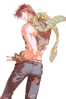 1boy artist_name battle_tendency black_gloves black_pants black_shirt commentary_request cowboy_shot cropped_shirt fingerless_gloves from_behind gloves green_scarf grin jojo_no_kimyou_na_bouken joseph_joestar joseph_joestar_(young) looking_at_viewer looking_back male_focus pants scarf shirt short_hair simple_background sleeveless sleeveless_shirt smile solo striped_clothes striped_scarf untabunta v white_background