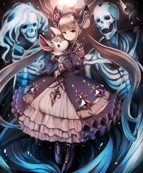 1girl absurdres animal arm_garter bad_id bad_pixiv_id black_footwear blonde_hair boots bow bowtie commentary_request creature double_bun dress expressionless female_focus frilled_skirt frilled_sleeves frills full_body gown hair_bow hair_bun hair_ornament highres holding holding_animal lace-up_boots layered_dress lolita_fashion long_hair long_sleeves looking_at_viewer luna_(shadowverse) md5_mismatch overskirt puffy_sleeves purple_dress red_bow red_bowtie red_eyes resolution_mismatch revision shadowverse sidelocks skeleton skirt snm_(sunimi) source_smaller twintails undead very_long_hair yellow_eyes