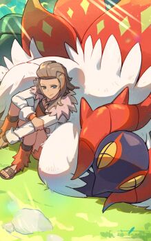 1girl brown_footwear brown_hair closed_mouth coat commentary_request day eyelashes grass green_eyes highres hsin leg_warmers long_hair nintendo orange_shirt orange_shorts outdoors pokemon pokemon_(creature) pokemon_sv rock professor_sada sandals shirt shorts sitting slither_wing smile white_coat