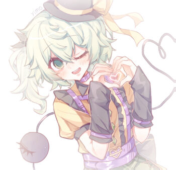 Rule 34 | 1girl, alternate costume, alternate hairstyle, back bow, belt, black arm warmers, black bow, black hat, black ribbon, blush, bow, buttons, collar, collared shirt, commentary, diamond button, frills, green eyes, green hair, hair ribbon, hands up, hat, hat bow, heart, heart hands, heart of string, heart ornament, highres, komeiji koishi, looking at viewer, mini hat, one eye closed, open mouth, puffy short sleeves, puffy sleeves, purple belt, purple collar, ribbon, shirt, short hair, short sleeves, side ponytail, simple background, smile, solo, suspenders, symbol-only commentary, teeth, third eye, touhou, upper body, user mmde3543, white background, yellow bow, yellow shirt