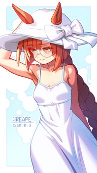 Rule 34 | animal ears, armpits, bare shoulders, blush, braid, braided ponytail, breasts, brown hair, closed mouth, collarbone, commentary request, creape, dress, ears through headwear, glasses, hat, highres, horse ears, horse girl, horse tail, ikuno dictus (umamusume), long hair, round eyewear, sleeveless, sleeveless dress, small breasts, smile, sun hat, sundress, tail, umamusume, white dress, white hat