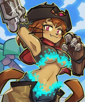 1girl absurdres animal_ears black_hat blue_sky breasts brown_hair cat_ears cat_girl cat_tail cloud furry furry_female gameoverse hat highres kit_bodega medium_breasts outdoors praquina say short_hair sky solo tail underboob