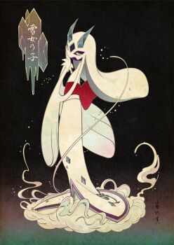 arm_up back_bow blue_eyes bow colored_sclera commentary_request froslass full_body gen_4_pokemon highres horns ice mega_froslass mega_pokemon nintendo ono_tako pokemon pokemon_(creature) pokemon_focus red_bow yellow_sclera