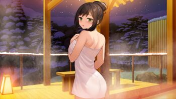 1girl ass bare_arms bare_shoulders blush breasts cowboy_shot from_behind game_cg green_eyes hair_bun large_breasts looking_at_viewer looking_back moe!_ninja_girls naked_towel night official_art open_mouth saion-ji_enju single_hair_bun sky solo standing star_(sky) starry_sky third-party_source towel tree winter