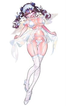 Rule 34 | 1girl, bra, breasts, brown eyes, brown hair, commentary request, double bun, full body, garter belt, hair bun, high heels, highres, holding own skirt, kaba yuuji, kakunaru ue wa, large breasts, long hair, miyamoto niina, navel, open mouth, panties, shoes, simple background, smile, solo, thighhighs, underwear, white background, white bra, white garter belt, white panties, white shoes, white thighhighs, wings