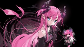 1girl ariozara black_shirt blue_eyes blush choker colored_fingertips dragon_girl dragon_horns ear_piercing elizabeth_bathory_(fate) elizabeth_bathory_(perfect)_(fate) elizabeth_bathory_(perfect)_(first_ascension)_(fate) fate/grand_order fate_(series) highres horns long_hair looking_at_viewer piercing pink_hair pointy_ears print_shirt shirt solo tail