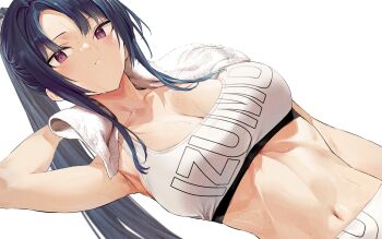 1girl arm_up armpits bare_shoulders black_hair breasts cleavage collarbone highres hiiragi_yuuichi large_breasts looking_at_viewer midriff navel original parted_bangs parted_lips purple_eyes simple_background solo sports_bra towel towel_around_neck white_background white_sports_bra