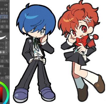 Rule 34 | 1boy, 1girl, :d, armband, art program in frame, asymmetrical bangs, belt, ben-day dots, black jacket, black outline, black pants, black skirt, blue hair, blue shoes, blush stickers, brown belt, brown hair, brown shoes, chibi, chibi only, clip studio paint, clip studio paint (medium), collared shirt, commentary request, deformed, digital walkman, dot nose, expressionless, gekkoukan high school uniform, green ribbon, grey eyes, grey outline, hair ornament, hair over one eye, hairclip, hand in pocket, hand on own cheek, hand on own face, high ponytail, jacket, kneehighs, korean commentary, loafers, looking at viewer, miniskirt, mp3 player, neck ribbon, open clothes, open jacket, open mouth, outline, pants, parted lips, persona, persona 3, persona 3 portable, pleated skirt, ponytail, red armband, red eyes, ribbon, school uniform, screencap, screentones, shiomi kotone, shirt, shoes, short ponytail, simple background, skirt, smile, socks, tofu sando, walkman nw-s203f, white background, white shirt, white socks, x hair ornament, yuuki makoto (persona 3)