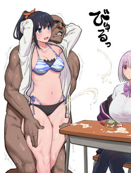 1boy 2girls absurdres arms_behind_head assisted_facial bikini black_hair black_pantyhose blank_stare blue_eyes bow bowtie breasts cardigan clothed_female_nude_male commentary_request cum cum_on_body cum_on_desk cum_on_food cum_on_hair curvy dark-skinned_male dark_skin desk ejaculation facial gridman_universe hetero highleg highleg_bikini highres jacket keiichi_r18 large_breasts long_hair long_sleeves medium_breasts moaning multiple_girls navel nude off_shoulder official_alternate_costume official_alternate_hairstyle open_cardigan open_clothes orange_scrunchie pantyhose penis ponytail purple_bow purple_bowtie purple_hair purple_jacket red_eyes school_desk school_uniform scrunchie shinjou_akane shiny_skinhug shirt short_hair side-tie_bikini_bottom ssss.gridman sweat swimsuit takarada_rikka thigh_grab thigh_sex thong thong_bikini white_background white_cardigan white_shirt wide_hips