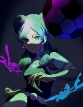 Rule 34 | 1girl, absurdres, aqua hair, ball, belt, beta (inazuma eleven), black pants, black vest, bodysuit, boots, breasts, commentary, double bun, grey background, grey bodysuit, hair bun, highres, inazuma eleven (series), inazuma eleven go, inazuma eleven go chrono stone, leg up, long hair, medium breasts, pants, parted lips, protocol omega, purple eyes, soccer ball, solo, vest, white belt, white boots, yuki inzm ir