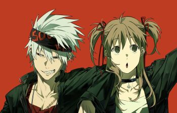 Rule 34 | 1boy, 1girl, black jacket, brown hair, hashtag-only commentary, headband, highres, jacket, jjy249, maka albarn, ponytail, scar, sharp teeth, side ponytail, soul eater, soul evans, teeth, white hair