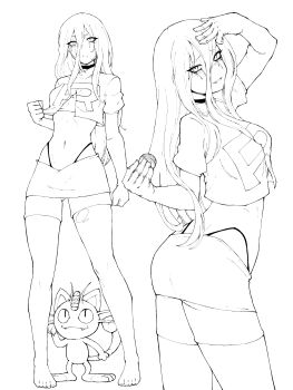 Rule 34 | 1girl, absurdres, arm up, breasts, commentary, crop top, earrings, elbow gloves, frown, gen 1 pokemon, gen 2 pokemon, gloves, gluteal fold, hair between eyes, hair down, highres, holding, holding poke ball, jessie (pokemon), jewelry, kekel, long hair, makeup, meowth, monochrome, multiple views, nintendo, panty straps, parted lips, poke ball, poke ball (basic), pokemon, pokemon (anime), pokemon (classic anime), pokemon (creature), runny makeup, simple background, skirt, sphere earrings, team rocket, team rocket uniform, thighhighs, thighs, torn clothes, torn thighhighs, wobbuffet