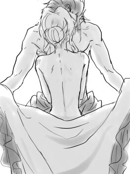 1boy 1girl aerith_gainsborough back bare_shoulders couple crisis_core:_final_fantasy_vii feet_out_of_frame final_fantasy final_fantasy_vii final_fantasy_vii_remake from_behind greyscale hair_bun hair_up hetero implied_kiss japanese_clothes kimono kimono_pull monochrome ninnin5tora shoulder_blush sitting standing topless_female topless_male zack_fair