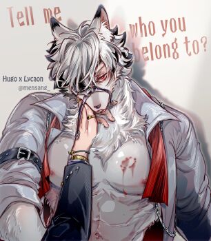 2boys bite_mark_on_pecs bleeding blood body_fur commentary_request english_text eyepatch grey_background hand_on_another's_cheek hand_on_another's_face highres hugo_vlad injury jewelry looking_at_viewer male_focus mensang multiple_boys multiple_rings nipples open_clothes open_shirt pectorals pov red_eyes ring short_hair toned toned_male upper_body von_lycaon white_fur white_hair yaoi zenless_zone_zero