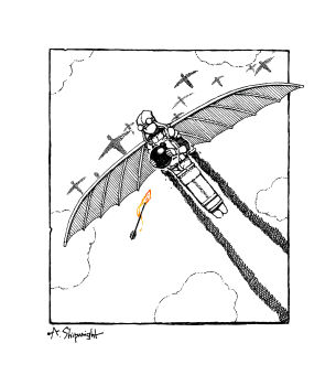 1other a_shipwright absurdres arrow_(projectile) artist_name aviator_cap aviator_goggles bomb cloud explosive flaming_arrow flight_suit goggles highres holding holding_bomb limited_palette mechanical_wings original signature silhouette wings