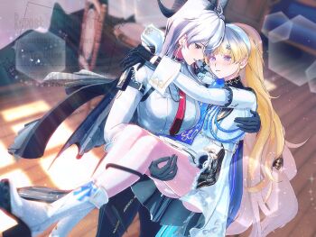 2girls 3d aiguillette ari0futon arms_around_neck black_gloves black_pants blonde_hair blurry blurry_background boots carrying closed_mouth collared_shirt commentary dress earrings gloves hairband hashtag-only_commentary high_heel_boots high_heels highres horns indoors jewelry key_earrings light_particles long_hair multiple_girls necktie pants parted_lips phoebe_(wuthering_waves) princess_carry purple_eyes red_eyes red_necktie shirt smile watermark white_boots white_dress white_hair white_hairband white_shirt wuthering_waves yuri zani_(wuthering_waves)