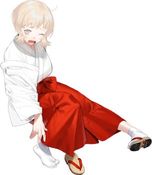 1girl blonde_hair commentary_request full_body grey_eyes hakama hakama_skirt japanese_clothes kantai_collection kimono looking_at_viewer miko norge_(kancolle) norge_(miko)_(kancolle) official_art one_eye_closed open_mouth red_hakama sandals short_hair single_sandal sitting skirt socks solo standing tabi transparent_background umihara_sakana unworn_sandals white_kimono white_socks wide_sleeves