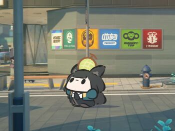 1girl animal_ears black_hair black_necktie black_skirt chibi collared_shirt commentary english_commentary food food_on_head fox_ears fox_girl fruit fruit_on_head full_body hoshimi_miyabi jacket long_hair melon necktie object_on_head shadow shirt sidelocks skirt solo superappleman white_shirt zenless_zone_zero