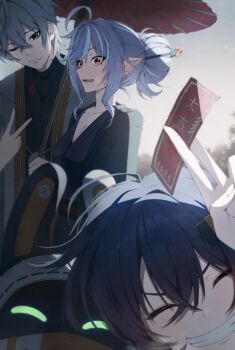 1boy 2girls absurdres alternate_costume belle_(zenless_zone_zero) blue_hair blush breasts cleavage clenched_teeth closed_mouth commentary eous_(zenless_zone_zero) green_eyes grey_hair hair_bun highres holding holding_ticket hosun japanese_clothes kimono looking_at_viewer multiple_girls oil-paper_umbrella pointy_ears purple_hair red_eyes teeth ticket umbrella v vivian_banshee wise_(zenless_zone_zero) yukata zenless_zone_zero