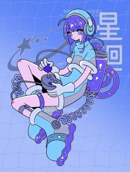 1girl ahoge aqua_boots aqua_eyes aqua_shirt aqua_shorts blue_background boots closed_mouth controller expressionless from_side full_body game_controller gloves gradient_background hair_between_eyes headphones highres holding holding_controller looking_ahead medium_hair nakazawa_ayami original purple_hair shirt short_sleeves shorts solo star_(symbol) tenshi_kaiwai turtleneck white_gloves