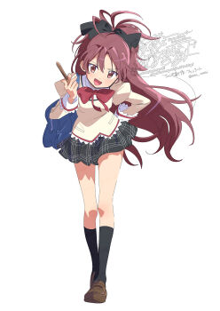 1girl :d black_skirt black_socks blush bow bowtie brown_shoes food full_body hair_bow highres holding holding_food juliet_sleeves kneehighs leaning_forward long_hair long_sleeves looking_at_viewer mahou_shoujo_madoka_magica mahou_shoujo_madoka_magica_(anime) miniskirt mitakihara_school_uniform open_mouth pleated_skirt pocky puffy_sleeves red_bow red_bowtie red_eyes red_hair sakura_kyoko school_uniform serizawa_serizane shirt shoes simple_background skirt smile socks solo standing watermark white_background yellow_shirt