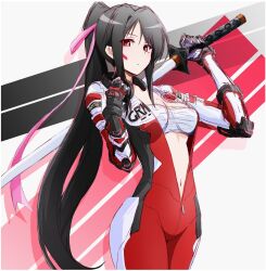 Rule 34 | 1girl, biker clothes, bikesuit, black hair, bodysuit, breasts, character request, cleavage, gloves, hair ribbon, highres, large breasts, legs, long hair, looking at viewer, navel, pattsun bob, ponytail, red eyes, ribbon, sarashi, sword, thighs, unzipped, very long hair, weapon