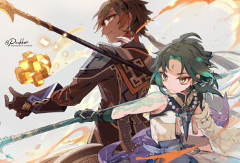 2boys arm_tattoo beads black_gloves brown_eyes closed_mouth commentary_request earrings facial_mark forehead_mark genshin_impact gloves green_hair grey_background holding holding_polearm holding_weapon jewelry male_focus multiple_boys object_floating_above_hand pechka polearm ponytail tassel tattoo twitter_username weapon xiao_(genshin_impact) zhongli_(genshin_impact)