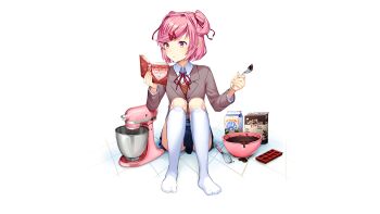1girl annoyed baking batter blazer blue_skirt blush book box breasts brown_sweater button_gap chocolate collared_shirt commentary cookbook doki_doki_literature_club doki_doki_literature_club_school_uniform dot_nose dress_shirt drink_carton elbow_rest english_commentary eyebrows_hidden_by_hair fingernails full_body furrowed_brow game_cg grey_jacket hair_intakes hair_ornament hair_ribbon highres holding holding_book holding_spoon indoors jacket kneehighs knees_up legs_together long_eyelashes long_sleeves looking_to_the_side milk_carton miniskirt mixer_(cooking) mixing_bowl natsuki_(doki_doki_literature_club) neck_ribbon no_shoes non-web_source official_art on_floor open_book parted_bangs parted_lips pink_eyes pink_hair pleated_skirt promotional_art reading red_ribbon ribbon satchely school_uniform shirt short_hair sidelocks simple_background sitting skirt small_breasts socks solo spoon straight-on sweater thick_eyelashes tile_floor tiles toes two_side_up v-neck v-shaped_eyebrows valentine whisk white_background white_shirt white_socks wing_collar x_hair_ornament