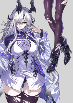 1girl absurdres aqua_eyes arknights black_boots black_horns black_leotard boots breasts coat commentary cowboy_shot dragon_girl dragon_horns dress eyelashes gluteal_fold grey_background hair_between_eyes hair_over_one_eye high_heel_boots high_heels highres horns jewelry lace-up_boots large_breasts leotard leotard_under_clothes light_in_heart lipstick long_hair looking_at_viewer makeup middle_ring nail_polish necrass_(arknights) off_shoulder open_clothes open_coat parted_lips purple_lips purple_nails purple_thighhighs ring shokikanes short_dress sidelocks simple_background skindentation slit_pupils smile standing thighhighs torn_clothes torn_thighhighs turtleneck white_coat white_dress white_hair