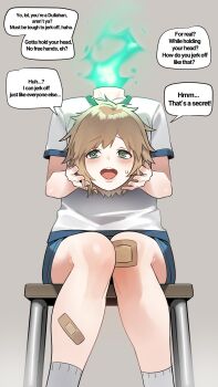 1boy bandaid bandaid_on_knee bandaid_on_leg blue_shorts blue_trim blush bright_pupils brown_hair chair collarbone commentary disembodied_head dullahan english_commentary english_text fire green_eyes green_fire grey_background gym_shirt gym_shorts gym_uniform headless highres holding_detached_head in_(ain) knees_together_feet_apart nervous_sweating open_mouth original parted_bangs school_chair severed_head shirt short_hair shorts sideways_glance simple_background small_sweatdrop socks speech_bubble sweat teeth tongue upper_teeth_only white_pupils white_shirt white_socks