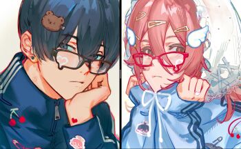 Rule 34 | 2boys, angel devil (chainsaw man), bear hair ornament, black hair, blue jacket, bonnet, chainsaw man, character patch, cherry, commentary, earrings, food, fruit, glasses, hair between eyes, hair ornament, hand on own chin, hands on own chin, hayakawa aki, head rest, heart on cheek, highres, jacket, jewelry, long hair between eyes, looking at viewer, male focus, multiple boys, portrait, red-framed eyewear, red eyes, red hair, stud earrings, teardrop-framed glasses, too many hair ornaments, untranslatable commentary, white background, wing hair ornament, yuuyuyuraru, zipper pull tab