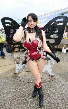 Rule 34 | 1girl, black hair, breasts, cattleya (queen's blade), cattleya (queen's blade) (cosplay), chouzuki maryou, cosplay, flower, glasses, green eyes, hip focus, large breasts, photo (medium), plump, queen's blade, thick thighs, thighs, wide hips