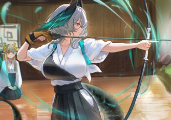 2girls absurdres aiming alternate_costume archery archery_shooting_glove arknights arrow_(projectile) black_hakama bow_(weapon) breasts brown_eyes brown_hair commentary_request drawing_bow elf film_grain gloves green_eyes grey_hair hakama head_wings highres ho'olheyak_(arknights) holding holding_arrow holding_bow_(weapon) holding_weapon japanese_clothes kimono kyuudou large_breasts muelsyse_(arknights) multiple_girls muneate partially_fingerless_gloves partly_fingerless_gloves pointy_ears seiza single_glove sitting snake_tail table tail tasuki textless_version uof weapon white_kimono wings wooden_table wooden_wall yugake
