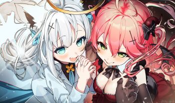 1girl 2girls absurdres ahoge animal_ear_fluff animal_ears aqua_bow aqua_eyes aqua_nails black_bow black_dress black_shirt blush bow breasts cleavage collared_shirt dress fox_ears fox_girl green_eyes hair_between_eyes hair_ornament highres hololive long_hair long_sleeves looking_at_viewer makigaihe medium_breasts multiple_girls open_mouth pink_hair sakura_miko shirakami_fubuki shirt smile very_long_hair virtual_youtuber white_hair white_shirt