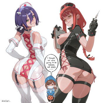 3girls alternate_costume ass backless_dress backless_outfit bare_shoulders black_choker black_dress black_gloves black_thighhighs blue_gloves blush braid braided_ponytail breastless_clothes breasts breasts_out brown_hair butt_crack chainsaw_man chibi chibi_inset choker clipboard closed_mouth criss-cross_back-straps cross cross-laced_clothes cross-laced_dress cross_pasties demon_horns dnaitari dress earrings elbow_gloves english_text from_behind garter_straps gloves green_eyes grenade_pin hair_between_eyes hair_bun hair_ornament hair_ribbon hairclip half-closed_eyes halloween_bucket halloween_costume hat higashiyama_kobeni highres holding holding_clipboard holding_syringe horns jewelry long_hair long_hair_between_eyes looking_at_viewer looking_back makima_(chainsaw_man) mask mouth_mask multiple_girls no_panties nurse nurse_cap pasties ponytail purple_hair red_hair reze_(chainsaw_man) ribbon ringed_eyes short_hair short_ponytail short_sleeves side-tie_dress sideless_outfit single_braid single_hair_bun sleeveless smile solo speech_bubble standing striped_clothes striped_thighhighs surgical_mask syringe tape tape_on_nipples thigh_strap thighhighs thought_bubble vertical-striped_clothes vertical-striped_thighhighs white_dress white_gloves white_mask white_thighhighs yellow_eyes