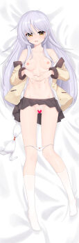 Rule 34 | 1girl, :d, absurdres, angel beats!, bare shoulders, bed sheet, black skirt, blush, bow, bow bra, bow panties, bra, breasts, breasts apart, censored, clothes lift, collarbone, commentary, commission, dakimakura (medium), eyebrows hidden by hair, four-finger heart hands, from above, full body, gluteal fold, grey hair, groin, hair between eyes, hands on own stomach, heart, heart-shaped pupils, heart censor, heart hands, highres, jacket, jacket partially removed, kneehighs, long hair, long sleeves, looking at viewer, lying, medium breasts, miniskirt, nabiyan, navel, nipples, no shoes, nude, on back, open clothes, open jacket, open mouth, open shirt, panties, panty pull, pleated skirt, pussy, red bow, school uniform, shiny skin, shirt, shirt partially removed, sidelocks, skirt, skirt lift, smile, socks, solo, stomach, straight hair, symbol-shaped pupils, tachibana kanade, thighs, underwear, untranslatable commentary, unworn bra, very long hair, white bra, white panties, white shirt, white socks, yellow eyes, yellow jacket