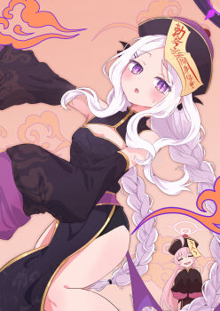 2girls absurdres ahoge black_halo black_hat blue_archive breasts demon_girl demon_horns demon_wings halo hat highres hina_(blue_archive) horns hoshino_(blue_archive) jiangshi long_hair looking_at_viewer low_wings multiple_girls not_seven777 pink_hair pink_halo purple_eyes small_breasts standing very_long_hair white_hair wings