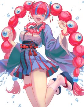 1girl bead_bracelet bead_necklace beads blue_eyes bracelet braid commentary_request expo2025 hair_ornament hair_stick highres japanese_clothes jewelry long_hair looking_at_viewer mitama_(mokochiko) myaku-myaku necklace open_mouth personification sandals socks solo thigh_strap twin_braids water_drop white_background white_socks wide_sleeves