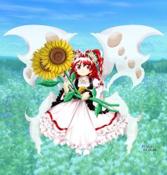 Rule 34 | 1girl, black vest, closed mouth, commentary request, dress, fairy, fairy wings, flower, frilled dress, frills, full body, hair flower, hair ornament, happy, holding, holding plant, kiri0ai, plant, red eyes, red hair, smile, socks, solo, sunflower, sunflower fairy (touhou), touhou, two side up, vest, white dress, white socks, white wings, wings, zun (style)