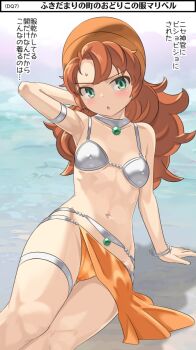 Rule 34 | 1girl, arm up, armpits, blush, bracelet, breasts, choker, collarbone, cosplay, curly hair, dancer's costume (dq), dragon quest, dragon quest iv, dragon quest vii, gem, green eyes, green gemstone, hood, imaichi, jewelry, loincloth, long hair, looking at viewer, maribel (dq7), metal bikini, navel, open mouth, orange hair, small breasts, solo, sweatdrop
