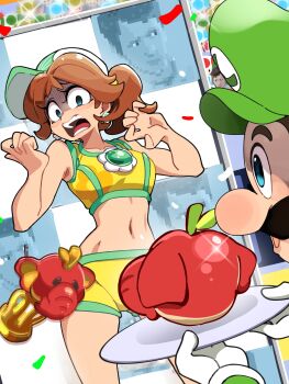 1boy 1girl absurdres belly blue_eyes bongftah brown_hair crowd crowd_watching earrings elephant_fruit facial_hair flower_earrings gloves green_hat hat highres jewelry luigi mario_(series) mario_kart mario_kart_world meme midriff multiple_boys mustache navel nintendo open_mouth ponytail princess_daisy princess_daisy_(swimwear)_(mario_kart_world) stomach super_mario_bros._1 super_mario_bros._wonder toad_(mario) trophy white_gloves