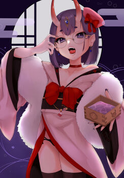 1girl absurdres alcohol bad_id bad_pixiv_id black_panties black_thighhighs choker earrings eyeliner fang fate/grand_order fate_(series) fingernails flat_chest highres horns japanese_clothes jewelry kimono long_fingernails looking_at_viewer makeup nipple_slip nipples oni open_mouth panties pointy_ears purple_eyes purple_hair round_eyewear sake saliva short_hair shuten_douji_(dress_for_demons)_(fate) shuten_douji_(fate) skin-covered_horns solo takio_(kani_sama) teeth thighhighs tongue tongue_out underwear white_kimono
