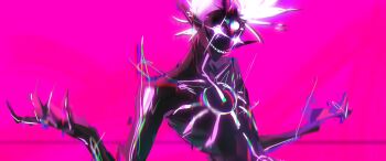 1boy dragon_boy_(to_be_hero_x) evil_smile full-body_tattoo glitch glowing glowing_eyes highres horror_(theme) male_focus mohawk monster_boy no_shirt pink_eyes pink_hair pointy_ears sd2190392804 smile solo tattoo to_be_hero to_be_hero_x white_eyes white_hair