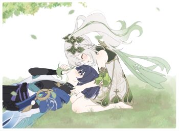 1boy 1girl aichiroo armlet asymmetrical_sidelocks barefoot belt black_belt black_bodysuit black_bow black_shorts blue_cape blue_gem blue_kimono blue_sleeves blunt_ends blush bodysuit border bow bright_pupils cape closed_eyes commentary_request couple covered_collarbone detached_sleeves dress eyelashes eyeliner facing_another falling_leaves feathers from_side gem genshin_impact gold gold_trim grass green_hair green_sleeves hakama hakama_shorts happy head_down hetero highres japanese_clothes jewelry juban kimono lap_pillow layered_sleeves leaf long_hair looking_at_another lying makeup multicolored_hair nahida_(genshin_impact) on_back open_clothes open_hand open_kimono open_mouth outdoors playing_with_another's_hair pleated_shorts pom_pom_(clothes) purple_eyes purple_rope purple_sash red_eyeliner rope sash scaramouche_(genshin_impact) short_sleeves shorts shoulder_peek side_cape side_ponytail sidelocks streaked_hair tassel tsurime turtleneck turtleneck_bodysuit vision_(genshin_impact) wanderer_(genshin_impact) white_background white_border white_dress white_kimono white_pupils white_sleeves white_trim yellow_feathers
