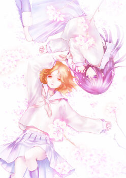 2girls 6em black_socks blue_skirt branch brown_eyes brown_hair cherry_blossoms commentary_request falling_petals highres kneehighs long_hair long_sleeves lying medium_skirt midriff_peek multiple_girls neckerchief on_back on_side original parted_bangs parted_lips petals pink_petals pleated_skirt purple_hair school_uniform serafuku shirt short_hair skirt socks top_of_moe_2013 wavy_hair white_neckerchief white_shirt
